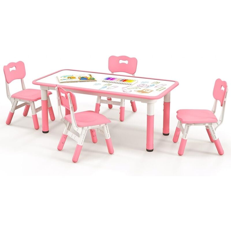 Table Enfant 120x60cm et 4 Chaises avec Plateau Graffiti & Hauteur Réglable, Table à Dessin Enfant en Bois avec Design Peu Encombrant, Charge 50/50kg