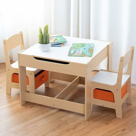Costway – Table enfant 60x60 cm avec 2 chaises – Plateau à tableau noir et blanc – Rangement sous les chaises – Hauteur 48 cm