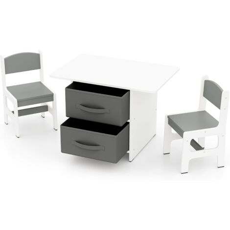 COSTWAY Table Enfant avec 2 Chaises & 2 Tiroirs en Tissu & Puzzle, Bureau Enfants en Bois avec Design Ergonomique, Coins Arrondis, Charge 50kg pour Tout-Petits de 3 Ans+, 71x48x50cm
