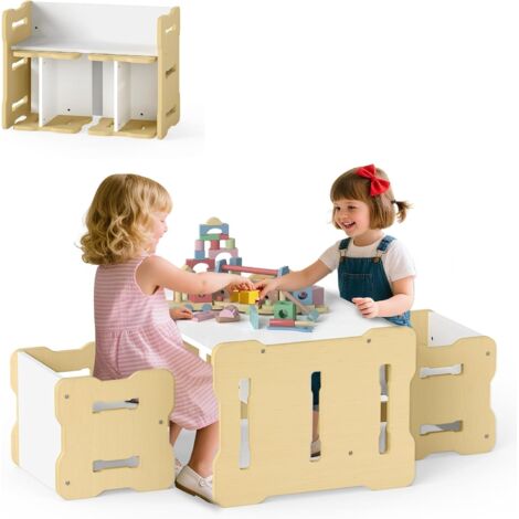 COSTWAY Table Enfant avec 2 Chaises, Bureau Enfant et Table dActivités avec Coins Arrondis, Poignées, Charge 50/35 kg, pour Salle de Jeux, Chambre denfant, Maternelle, Gain de Place (Naturel)