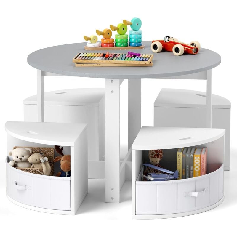 Table Enfant avec 4 Chaises Empilables, Table de Dessin en Bois avec 4 Tiroirs en Tissu Pliable, Table d'Activité Ronde pour Salle de Jeux Chambre