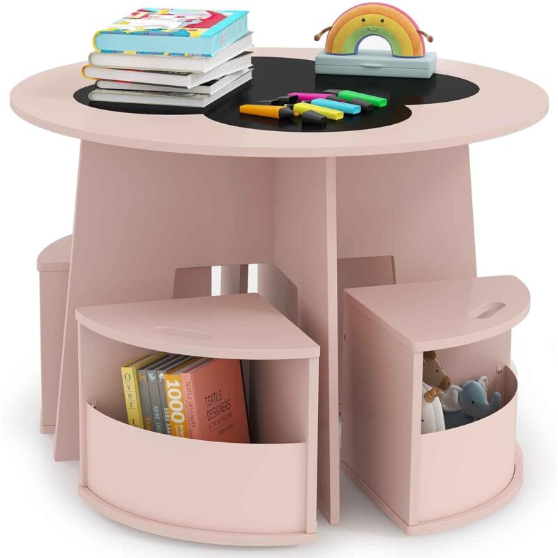 Costway - Table Enfant avec 4 Chaises Empilables, Table de Dessin en Bois avec Tableau Noir en Forme Fleur, Espace de Rangment Intégré, Table