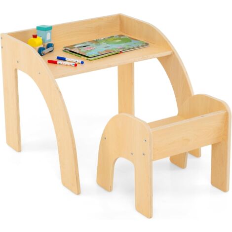 COSTWAY Table Enfant avec Chaise & Grand Plateau, Table et Chaise Enfant en Bois avec Accoudoirs Courbés, Table d'Activité pour Lire Manger Jouer, Charge 25/70kg pour Enfant de 3 Ans+ (Naturel)