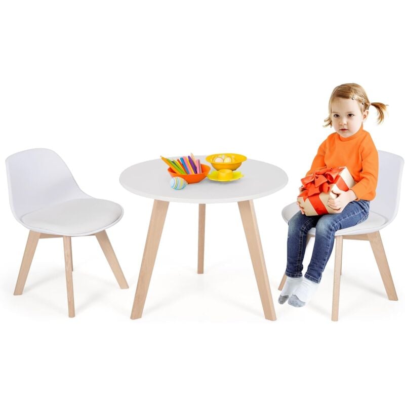Table Enfants avec 2 Chaises en Bois de Hêtre, Table Rond ø 60cm et Chaises avec Dossier Ergonomique, Coussin Rembourré, Charge 80kg pour 2 Enfants