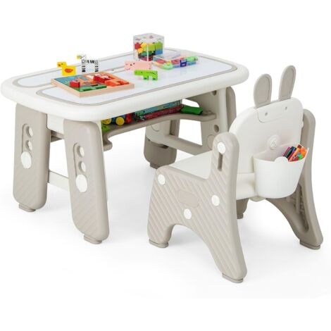 COSTWAY Table Enfants avec Chaise en Forme Lapin & 3 Hauteurs Réglable, Table à Dessin Magnétique avec 12 Stylos & 26 Lettres, Espace de Stockage, Charge 68kg pour Enfants de 1-12 Ans
