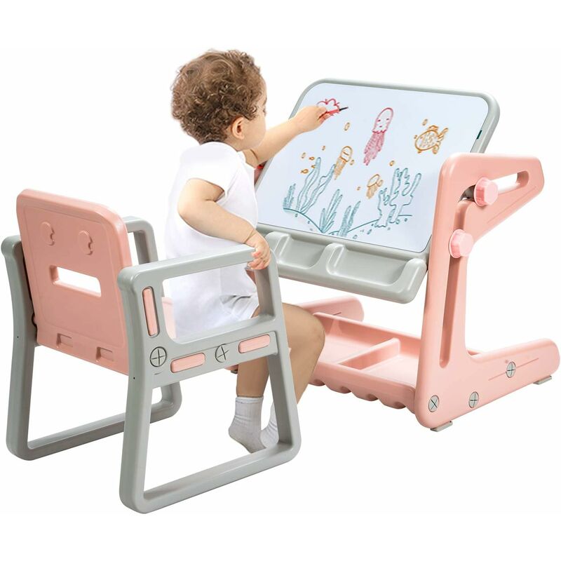 Table et Chaise à Dessin pour Enfant Inclinable, avec Tableau Magnétique Réglable, Inclus Grand Espace de Stockage Rose - Costway