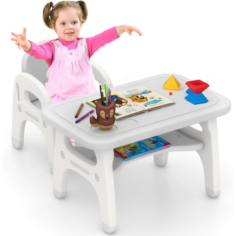 Table et Chaise Enfant en hdpe en Forme Dinosaure avec 3 Blocs de Construction, Table Enfant d'Activités avec Dossier & Siège Large, Étagère Incurvé,