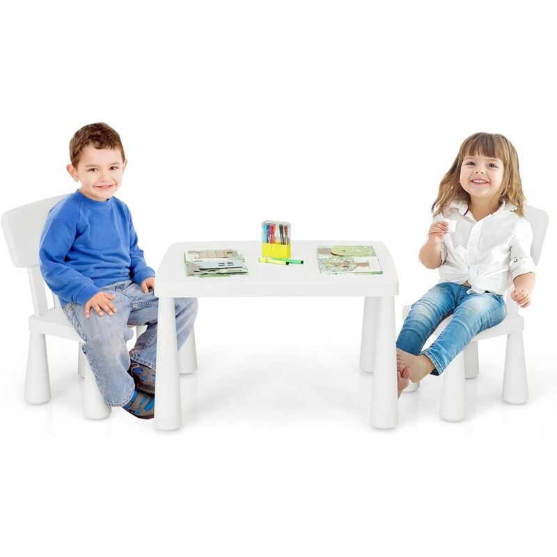 Table et Chaises Enfants 1-7 Ans avec Dossier Ergonomique, Table Polyvalente avec Structure Stable, Charge 50kg, 76,5x54,5x49,5cm, Blanc - Costway