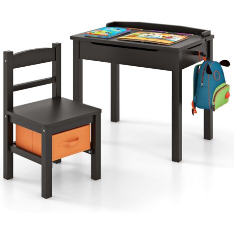 COSTWAY Table et Chaises Enfants en Bois avec Plateau Rabattable, Bureau Enfants avec Espace de Rangement, Crochet Latéral, Charge 70kg pour 3 Ans+, 59 x 40 x 55 cm (Noir)