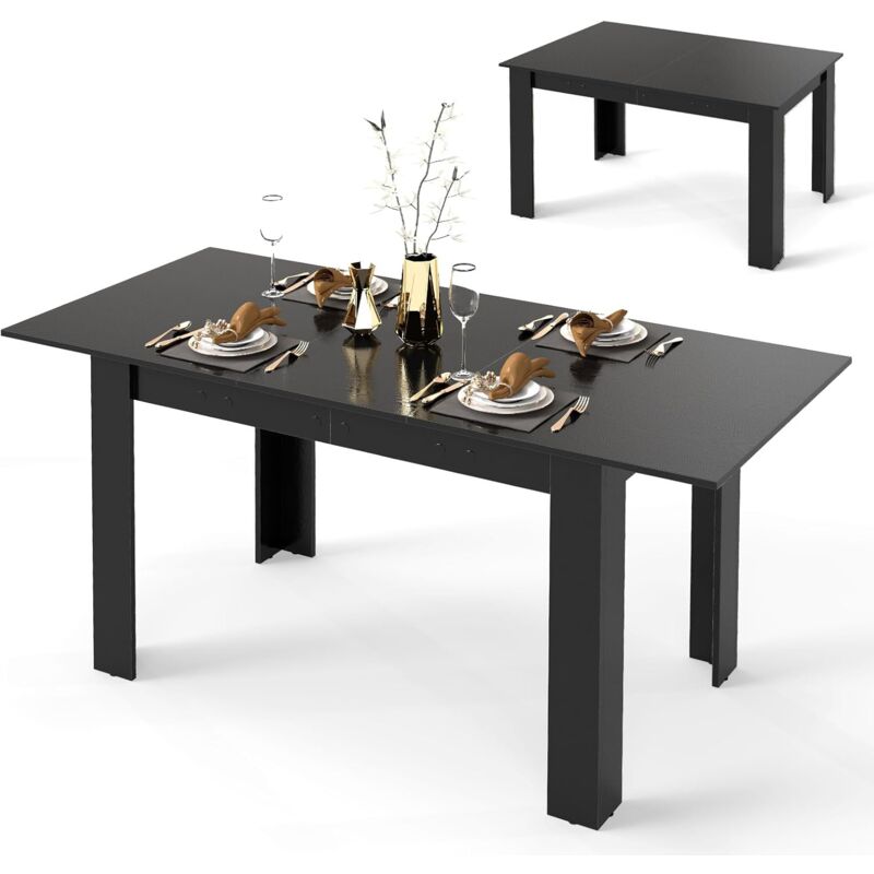 COSTWAY Table Extensible Salle a Manger, Table Cuisine Extensible 6 Personnes Bois et Noir, 120-158 cm, Pieds en Forme de L, Gain de Place