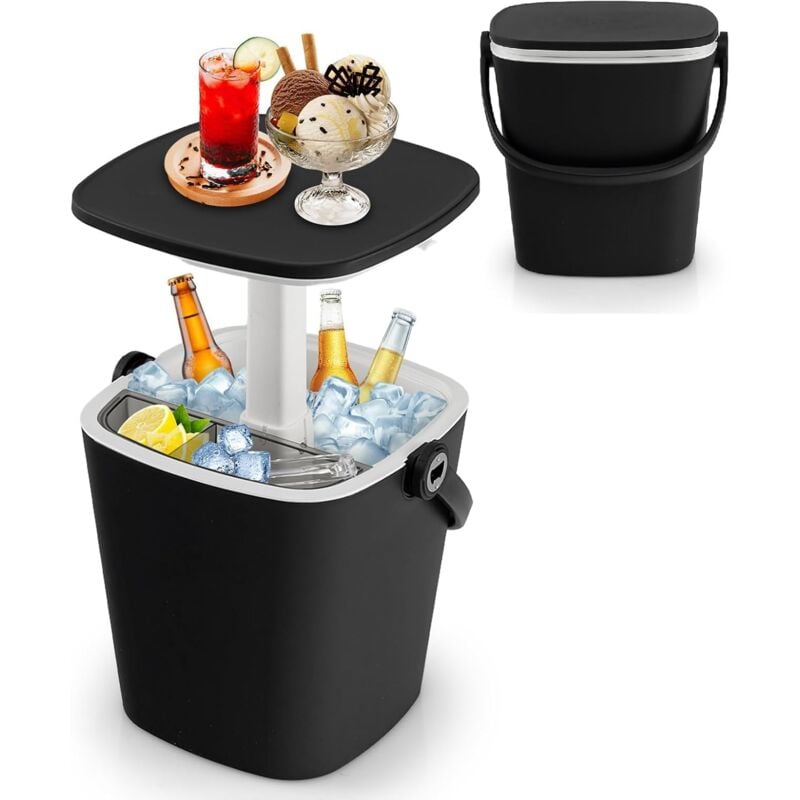 Table Glacière 3 en 1 pour Jardin 15L avec Couvercle Relevable, Seau à Glace d'Extérieur en pp Résistant aux Intempéries avec Compartiments, Pince à