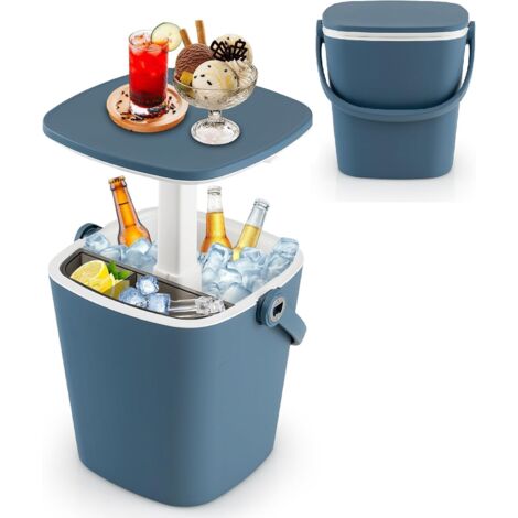 COSTWAY Table Glacière 3 en 1 pour Jardin 15L avec Couvercle Relevable, Seau à Glace d'Extérieur en PP Résistant aux Intempéries avec Compartiments, Pince à Glace et Ouvre-Bouteille Poignée pour Pisci