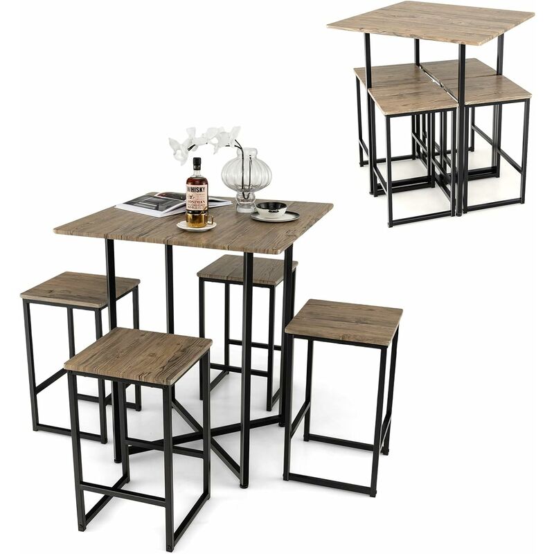 table haute cuisine 4 tabourets cadre en métal, table industrielle avec chaise encastrable, pieds réglables, restaurant, appart, salon marron
