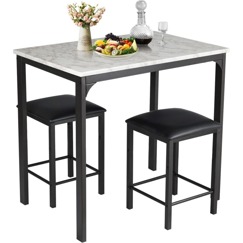 Costway - Table Haute Cuisine avec 2 Tabourets, Table Bar Cuisine Cadre en Métal, Mange-Debout Industriel, Table en Faux Marbre, pour Bistro, Salle à