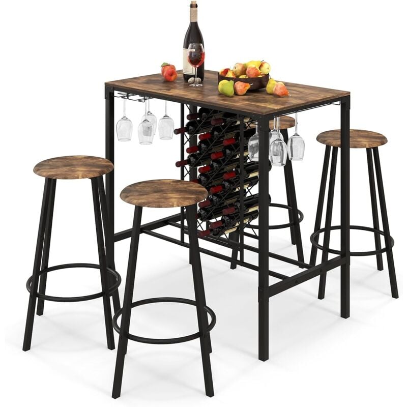 Costway - Table Haute Cuisine avec 4 Tabourets, Table Bar Cuisine avec Porte-Verre et Casier à Bouteilles sous Table, Mange-Debout Design Industriel