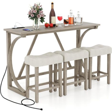 Costway – Table mange debout avec 3 tabourets rembourrés – Bois massif avec prise intégrée – Dimensions 150 x 48 x 92 cm – Pour espaces réduits, gris chêne