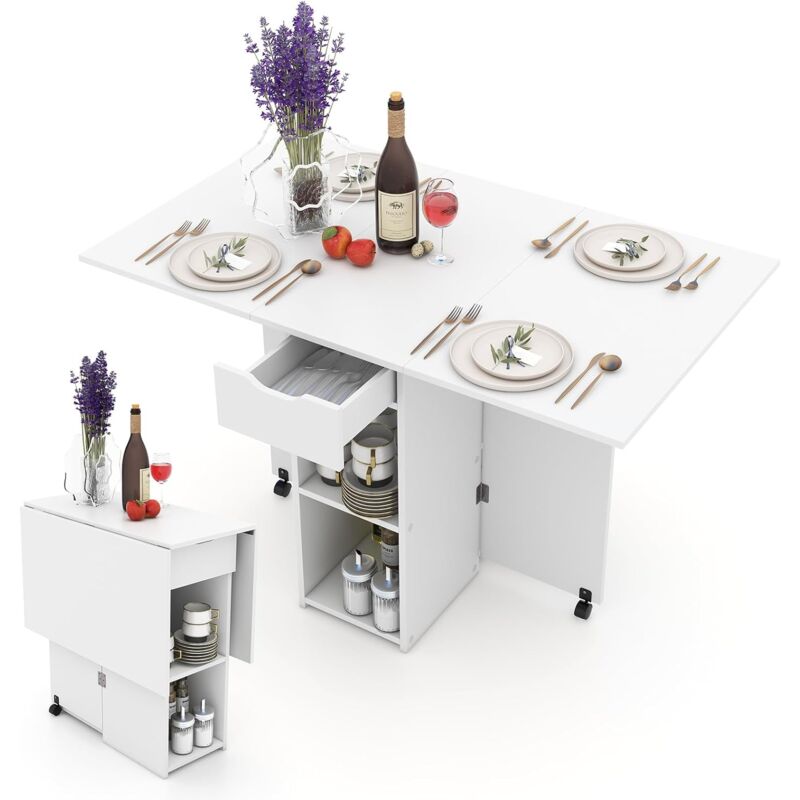 Costway - Table Pliante Cuisine, Table Pliante Interieure avec 1 Tiroir et 2 Etagères, Table Extensible pour 4 Personnes, Table Rabattable, Gain de