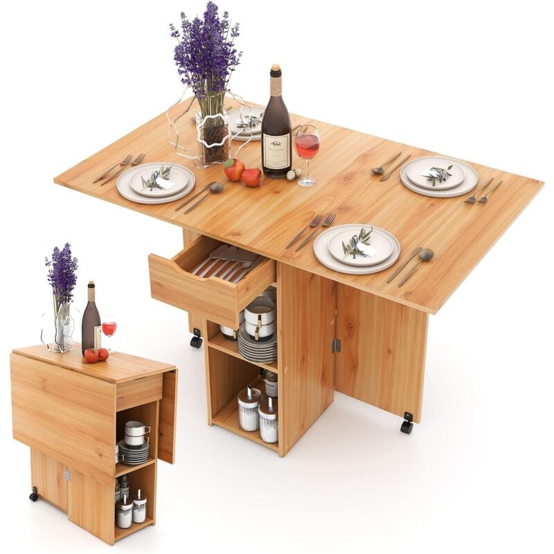 Costway - Table Pliante Cuisine, Table Pliante Interieure avec 1 Tiroir et 2 Etagères, Table Extensible pour 4 Personnes, Table Rabattable, Gain de