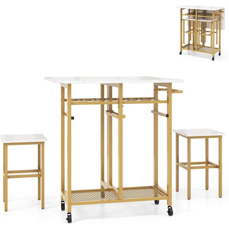 Table Pliante Interieur, Table Extensible avec 2 Tabourets, Desserte îlot Central Cuisine 39-74 cm à 5 Roulettes avec 2 Étagères et Porte-bouteilles,