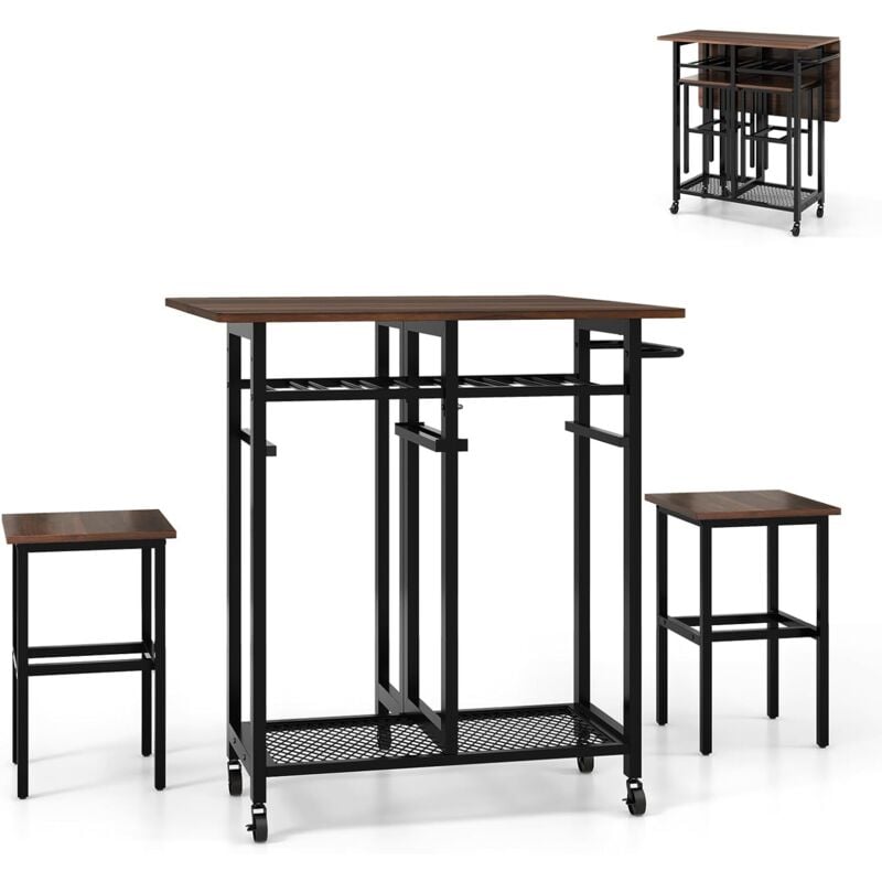 Costway - Table Pliante Interieur, Table Extensible avec 2 Tabourets, Desserte îlot Central Cuisine 39-74 cm à 5 roulettes, 2 Étagères,