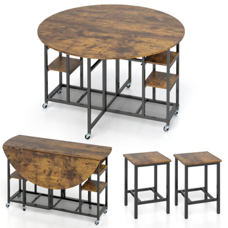Costway – Table pliante ronde 120 cm avec 2 tabourets – 6 roues universelles avec freins – Étagères de rangement – Idéale pour petits espaces