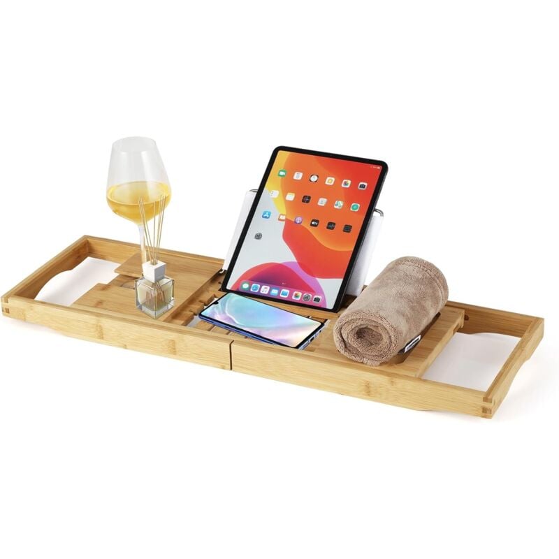 Table pour Baignoire Extensible en Bambou, Plateau de Baignoire avec Support pour Livre, iPad, Tablette, Verre à Vin, Étagère de Baignoire Réglable,
