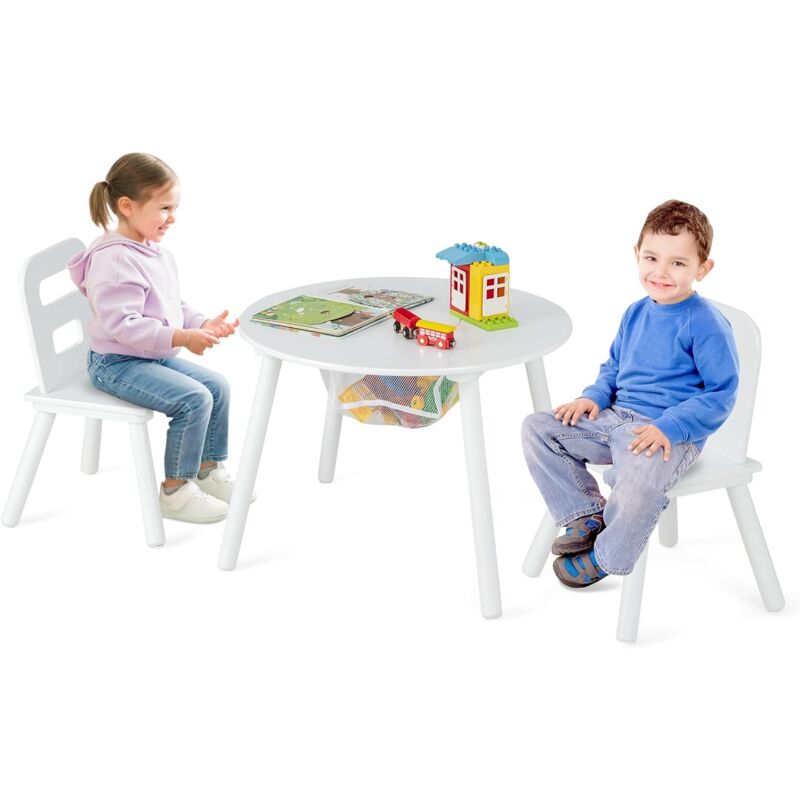 Costway - Table pour Enfants avec 2 Chaises,Table Ronde avec Espace de Rangement pour Jouets Blanc