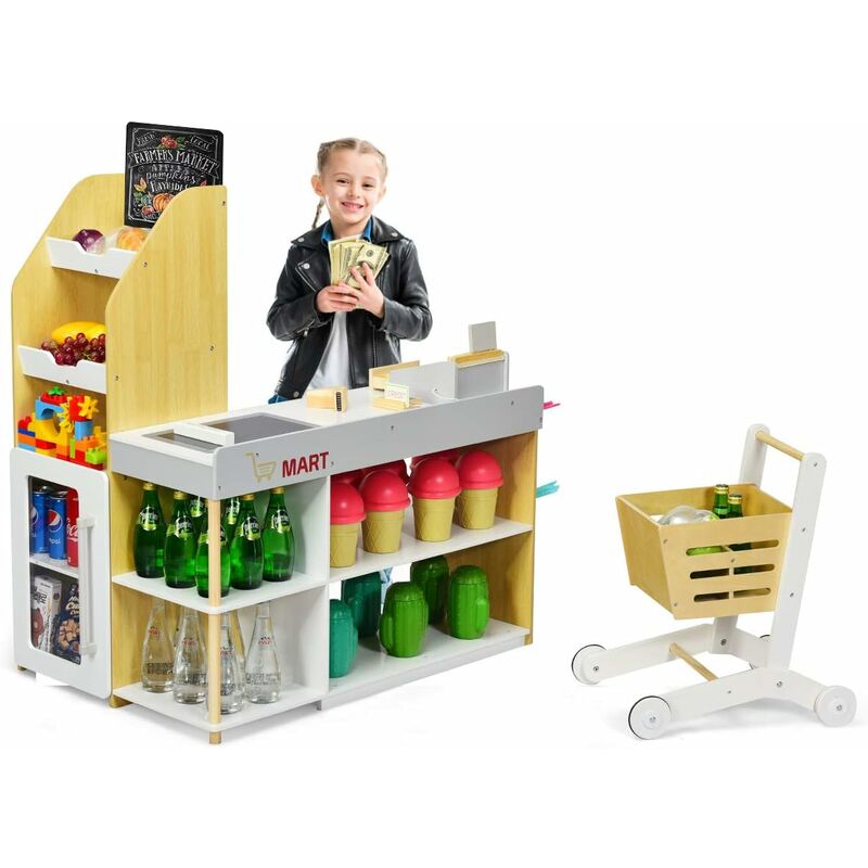 Costway – Table enfant supermarché 90 x 62 x 111 cm – Jouet éducatif avec accessoires – Matériaux MDF et pin – Pour enfants 3 ans et plus