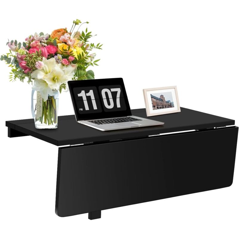 COSTWAY Table Pliante Cuisine/Table Rabattable Murale-Double Plateaux Pliable 80×60cm(L x l) pour Entrée/Bureau/Cuisine-Noir