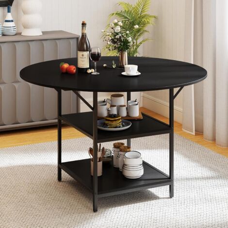 COSTWAY Table Ronde Salle Manger 120 CM pour 6 Personnes, Table de Cuisine avec Étagère à 2 Niveaux, Cadre Métallique, Plateau en Bois Lisse, Table Ronde pour Salon, Style Industriel (Noir)