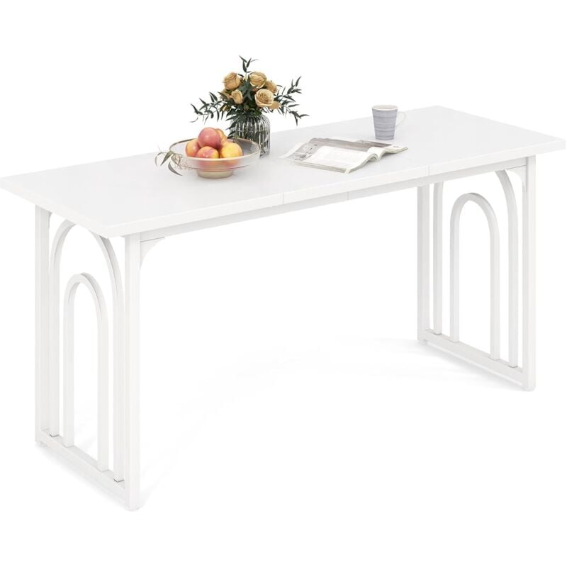 Table Salle à Manger de 160 cm pour 6-8 Personnes, Table Cuisine Rectangulaire avec Pieds en Métal, Table à Manger Blanc Design pour Salon,