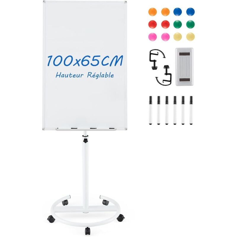 Costway - Tableau Blanc Magnétique, 100 x 65 cm, Tableau Blanc sur Pieds Effaçable à Sec, Hauteur Réglable, Support Rond Stable Sur Roulettes, Cadre