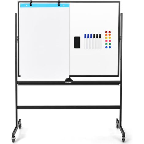 Costway – Tableau blanc magnétique 120x90cm double face – Hauteur réglable 160-180cm – 4 roulettes à 360° – Accessoires inclus : 6 marqueurs, 12 aimants