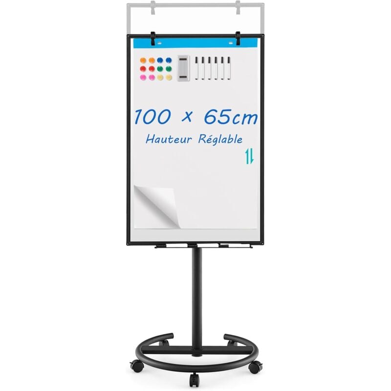 Costway - Tableau Blanc Magnétique Mobile, 100 x 65 cm, Effaçable à Sec, Roulant, Hauteur Réglable, Support Rond Stable Sur roulettes, Cadre en