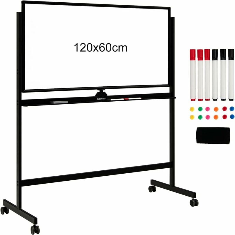Costway - Tableau Blanc Magnétique 120x60cm Double Face Réversible 360° Mobile 2 Hauteur Effaçable à Sec 12 Aimants 6 Marqueurs Blanc