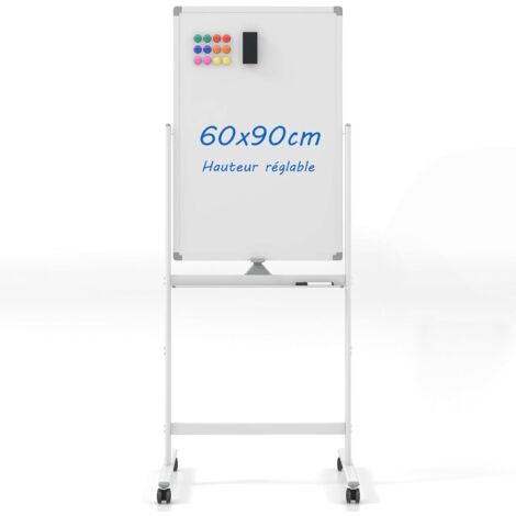 COSTWAY Tableau Blanc Mobile Magnétique Double Face, 60 x 90 cm, Tableau Réversible Effaçable à Sec, Hauteur Réglable sur 2 Positions, 4 Roulettes, pour École, Maison, Bureau (Blanc)