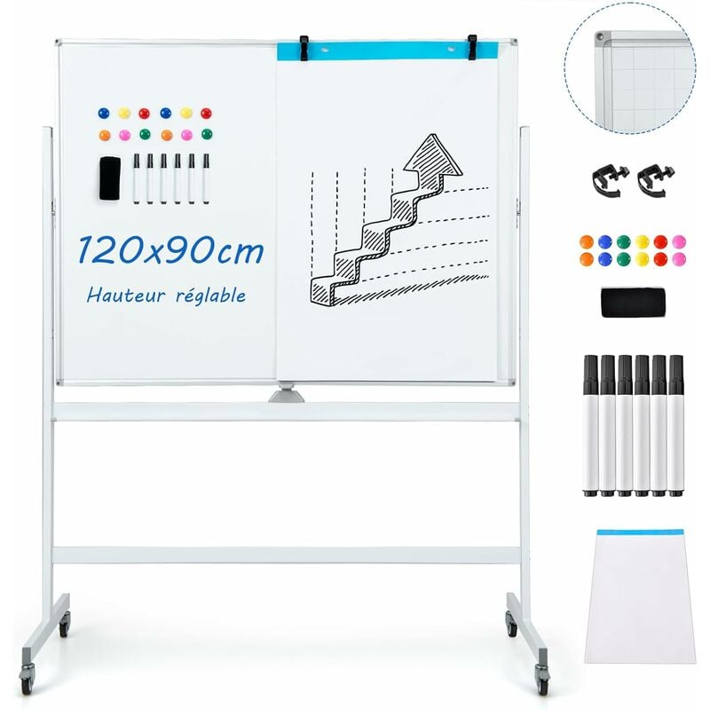 Costway - Tableau Blanc Mobile Magnétique, Double Face Quadrillé, 120x90cm, Tableau Réversible Effaçable à Sec, 2 Hauteurs Réglables, 12 Aimants, 6