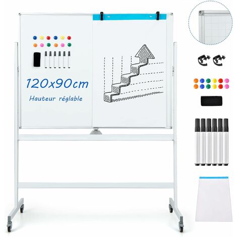 COSTWAY Tableau Blanc Mobile Magnétique, Double Face Quadrillé, 120x90cm, Tableau Réversible Effaçable à Sec, 2 Hauteurs Réglables, 12 Aimants, 6 Stylos, pour École, Maison, Bureau (Blanc)