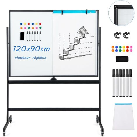 COSTWAY Tableau Blanc Mobile Magnétique, Double Face Quadrillé, 120x90cm, Tableau Réversible Effaçable à Sec, 2 Hauteurs Réglables, 12 Aimants, 6 Stylos, pour École, Maison, Bureau (Noir)