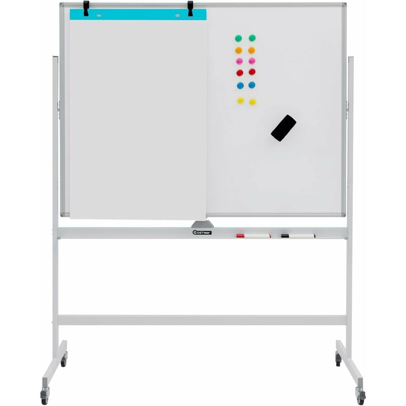 Tableau Blanc Mobile Magnétique Double Face, Tableau Magnétique Blanc avec Roulettes, Grand Tableau Blanc Roulant pour Bureau, Maison, Salle de