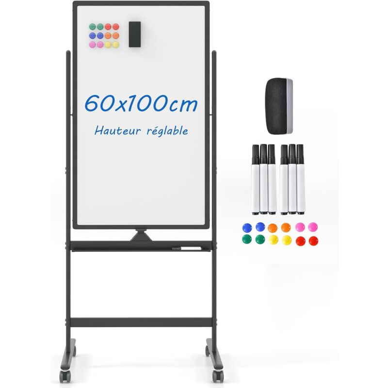 COSTWAY Tableau Blanc sur Pieds Double Face Pivotante 60x100cm, Tableau Blanc Magnétique Effaçable à Sec, Hauteur Réglable sur 2 Positions, 4