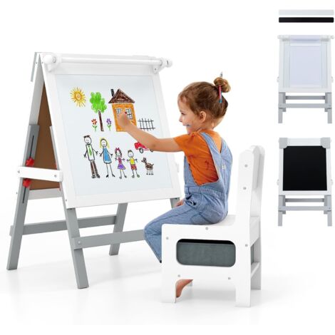 COSTWAY Tableau Enfant Double Face avec Chaise & Porte-Papier, Chevalet Enfant Réglable en Hauteur avec Tableau Noir & Blanc, Barres Magnétiques, Bac en Tissu pour 3+ Ans