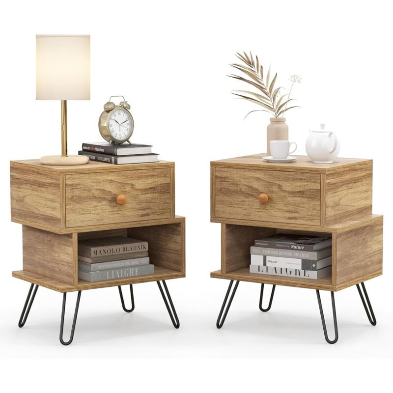 COSTWAY Tables de Chevet Lot de 2 avec Tiroir, 4 Pieds en Métal Surélevés, Tables d'Appoint en Bois avec Compartiment, Design Irrégulier, pour Salon,