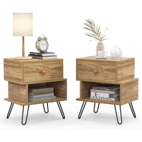 COSTWAY Tables de Chevet Lot de 2 avec Tiroir, 4 Pieds en Métal Surélevés, Tables d'Appoint en Bois avec Compartiment, Design Irrégulier, pour Salon, Chambre