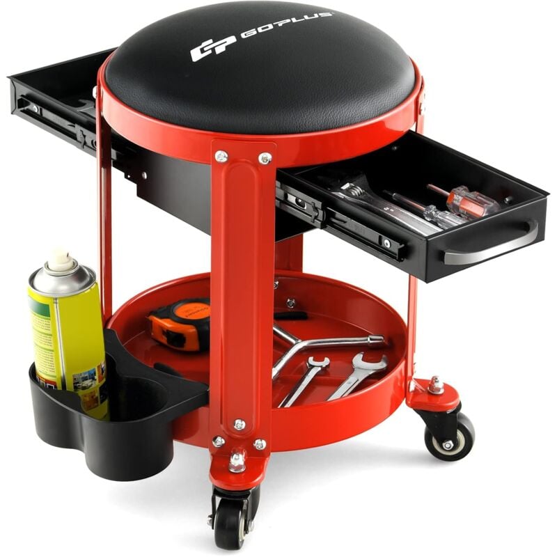 Tabouret d'Atelier 4 roulettes/Siège d'Atelier Pivotante avec Porte-boîtes Doubles, Plateau à Outils pour Garage Atelier-40x40x43,5 cm-Charge 150 kg