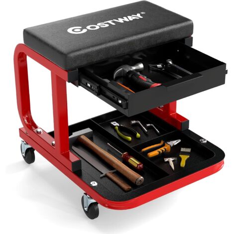 COSTWAY Tabouret d'Atelier avec Tiroir, Tabouret de Mécanicien Rembourré avec Plateau à Outils roulettes Universelles, pour Garage Jardinage Réparation Automobile, Charge 185 KG (Noir)
