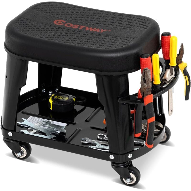 Tabouret d'Atelier Roulant avec Rangement, Siège de Mécanicien Amovible avec Plateau d'Equipement Porte-Outils Charge 136 kg, pour Garage Atelier,