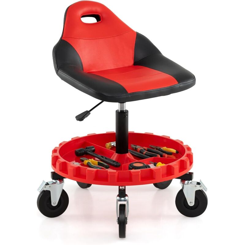 COSTWAY Tabouret d'Atelier Roulant, Tabouret Mécanicien à 5 Roues avec Hauteur Réglable de 71 à 83 cm et Plateau Porte-Outils, Siège Pneumatique pour