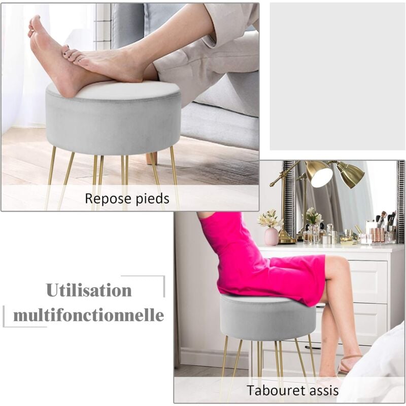 Pouf Tabouret Rond Ø39cm, en Velours avec Pieds Métalliques Robustes, Idéal pour Salon ou Chambre - Costway