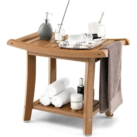 COSTWAY Tabouret Salle de Bain 2 Niveaux en PEHD Étanche, Banc de Douche Antidérapants Siège Incurvé pour Enfants et Adultes Charge Max 150kg, 60,5 x 34 x 48 cm (Brun)